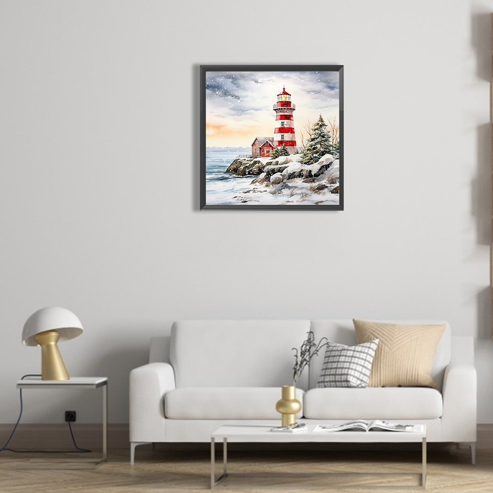 Christmas Winter Snowflake Lighthouse - Full Round Drill Diamond Painting 30*30CM