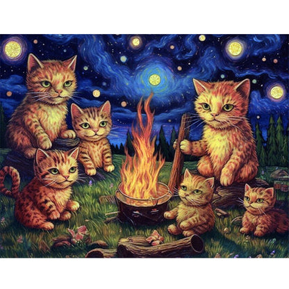 Van Gogh'S Kitten Under The Starry Sky - 11CT Stamped Cross Stitch 60*50CM