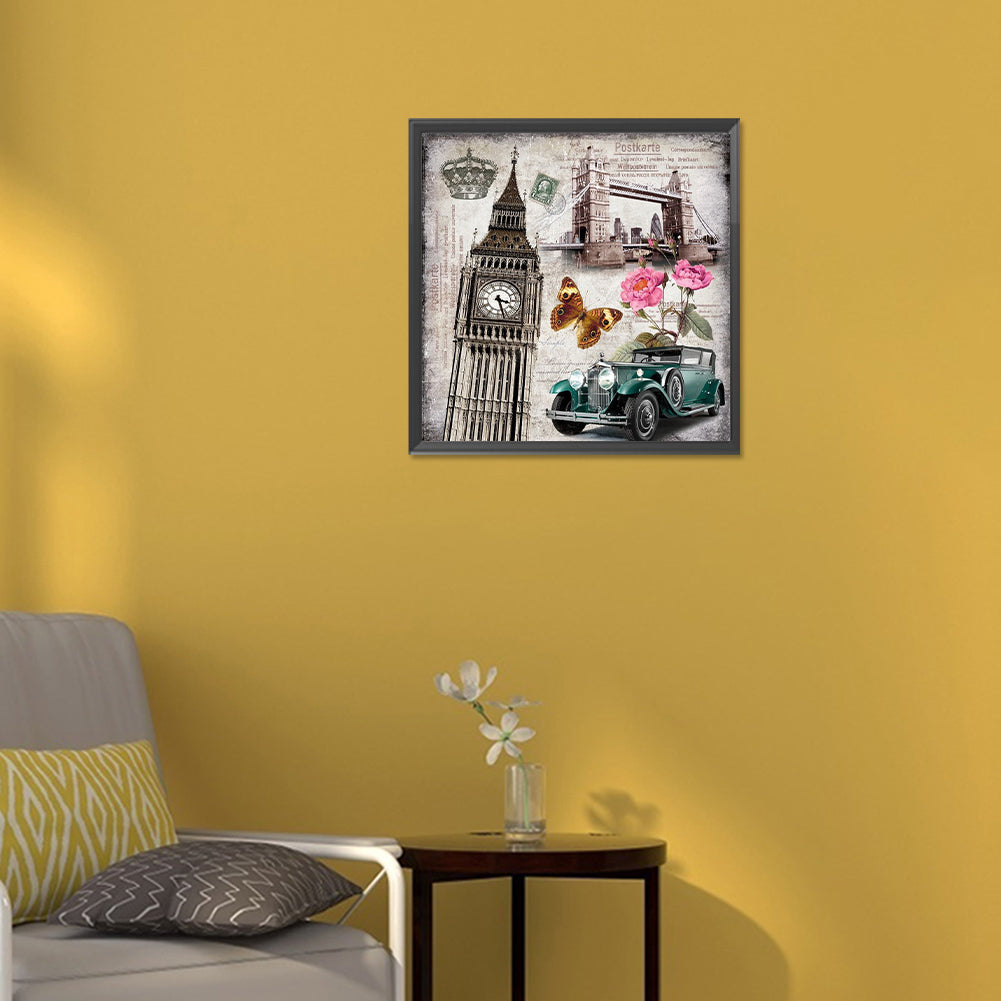 Retro Cars And Characteristic Buildings - Full Round Drill Diamond Painting 30*30CM